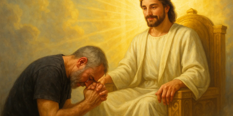 kneeling before Jesus Man kneeling at the feet of Jesus in prayer.